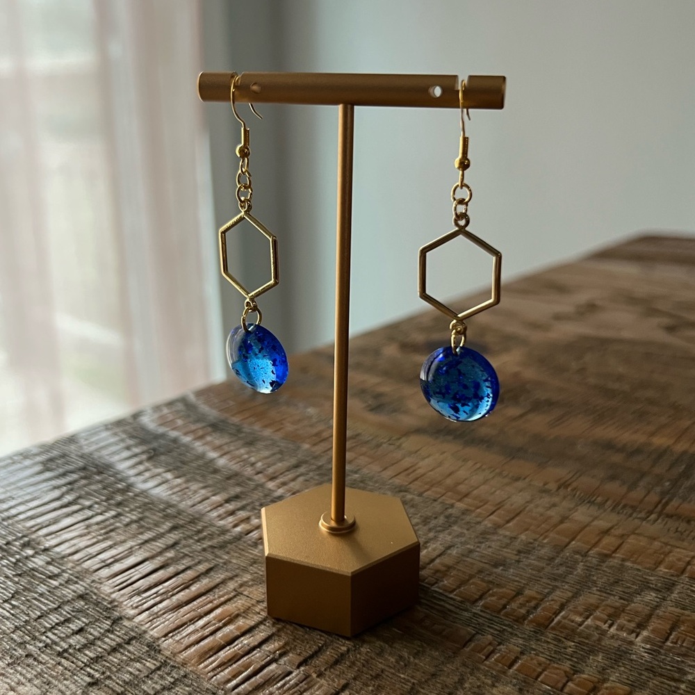 Blue Resin Drop Earrings with Gold Hexagon Accents – Hypoallergenic Hooks